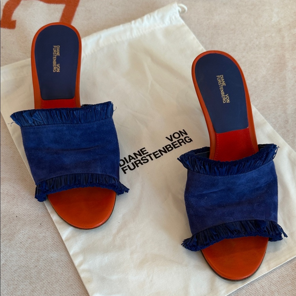 Diane Von Furstenberg Royal Blue Suede and Fringe Mules With Leather Heels